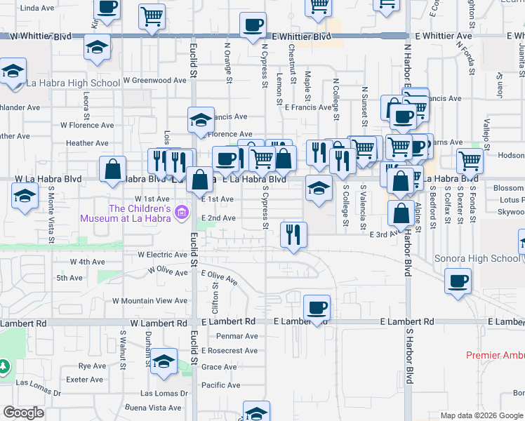 map of restaurants, bars, coffee shops, grocery stores, and more near 215 South Cypress Street in La Habra
