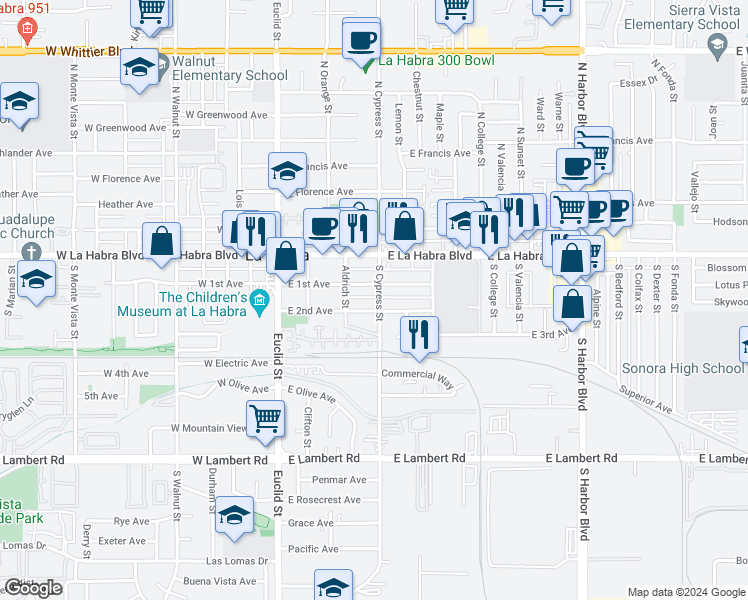 map of restaurants, bars, coffee shops, grocery stores, and more near 215 South Cypress Street in La Habra