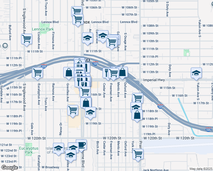 map of restaurants, bars, coffee shops, grocery stores, and more near 11430 Cedar Avenue in Hawthorne