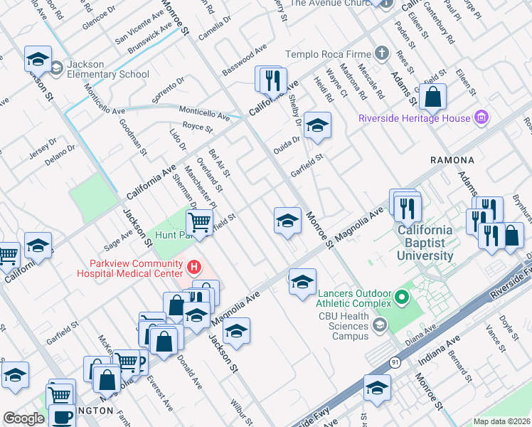 map of restaurants, bars, coffee shops, grocery stores, and more near 3956 Royce Street in Riverside