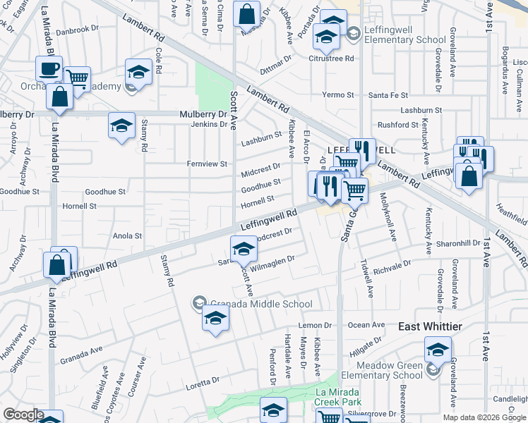 map of restaurants, bars, coffee shops, grocery stores, and more near 15461 Leffingwell Road in Whittier