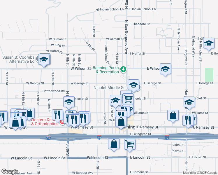 map of restaurants, bars, coffee shops, grocery stores, and more near 545 North 2nd Street in Banning