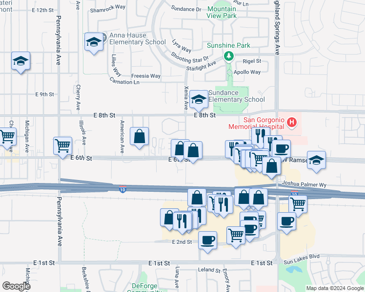 map of restaurants, bars, coffee shops, grocery stores, and more near 625 Xenia Avenue in Beaumont