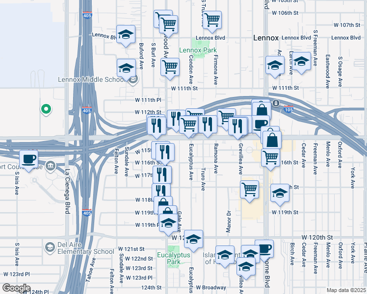 map of restaurants, bars, coffee shops, grocery stores, and more near 11426 Gale Avenue in Hawthorne