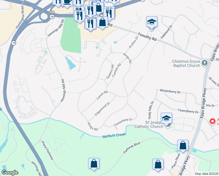 map of restaurants, bars, coffee shops, grocery stores, and more near 195 Tuxedo Road in Athens