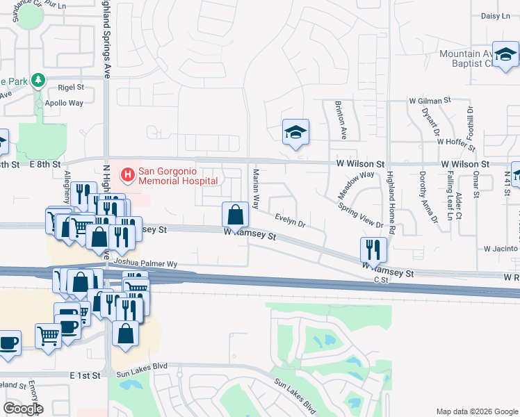 map of restaurants, bars, coffee shops, grocery stores, and more near 5504 Evelyn Drive in Banning