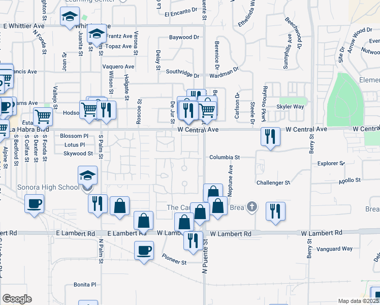 map of restaurants, bars, coffee shops, grocery stores, and more near 755 Village Lake Mall in Brea