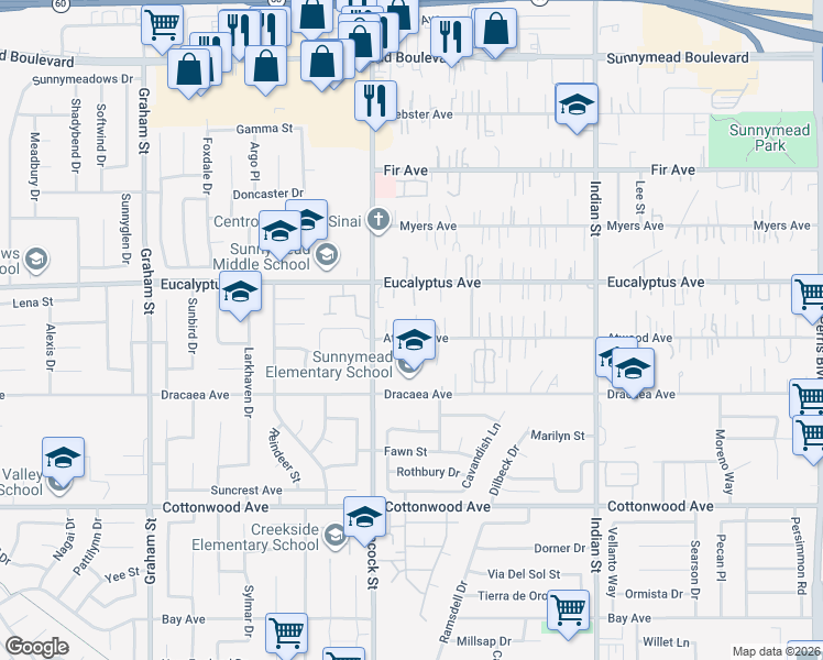map of restaurants, bars, coffee shops, grocery stores, and more near 24094 Atwood Avenue in Moreno Valley