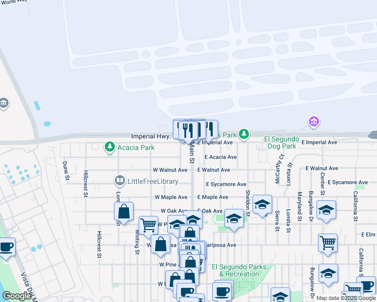 map of restaurants, bars, coffee shops, grocery stores, and more near 945 Main Street in El Segundo