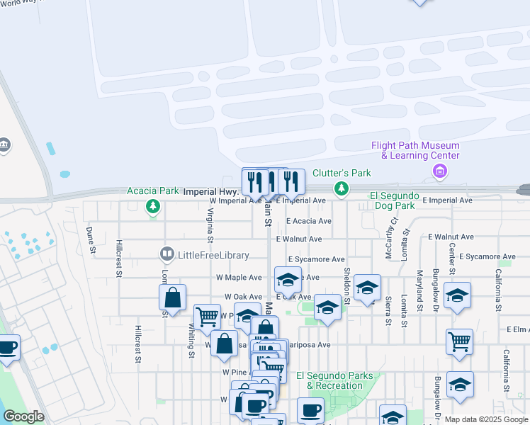 map of restaurants, bars, coffee shops, grocery stores, and more near 945 Main Street in El Segundo