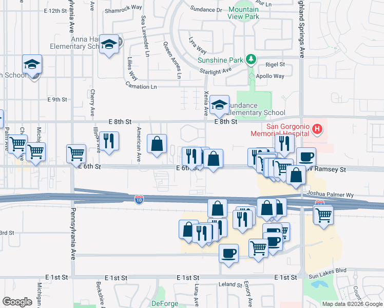 map of restaurants, bars, coffee shops, grocery stores, and more near 1490 East 6th Street in Beaumont