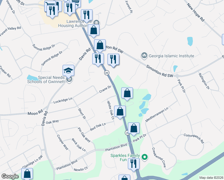map of restaurants, bars, coffee shops, grocery stores, and more near 811 Georgia 20 in Lawrenceville