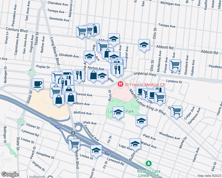 map of restaurants, bars, coffee shops, grocery stores, and more near 3626 East Imperial Highway in Lynwood