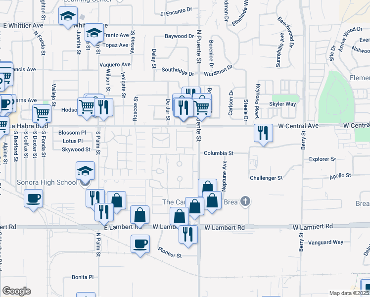 map of restaurants, bars, coffee shops, grocery stores, and more near 755 Village Lake Mall in Brea