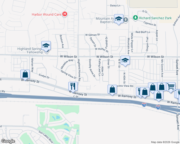 map of restaurants, bars, coffee shops, grocery stores, and more near 581 Dorothy Anna Drive in Banning