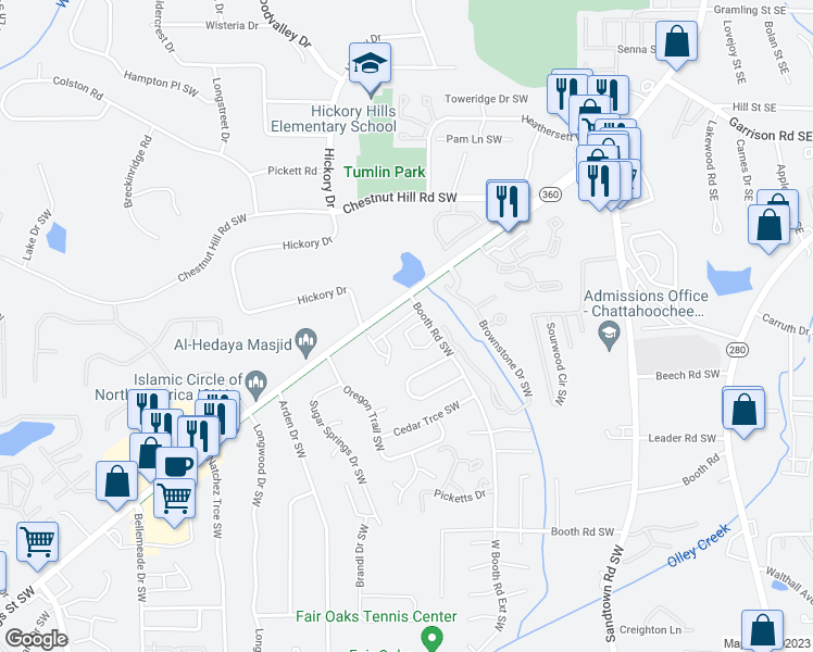 map of restaurants, bars, coffee shops, grocery stores, and more near 175 Booth Road Southwest in Marietta