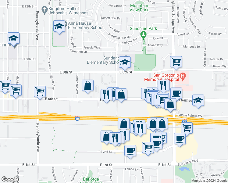 map of restaurants, bars, coffee shops, grocery stores, and more near 625 Xenia Avenue in Beaumont