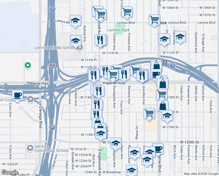 map of restaurants, bars, coffee shops, grocery stores, and more near 11426 Gale Avenue in Hawthorne