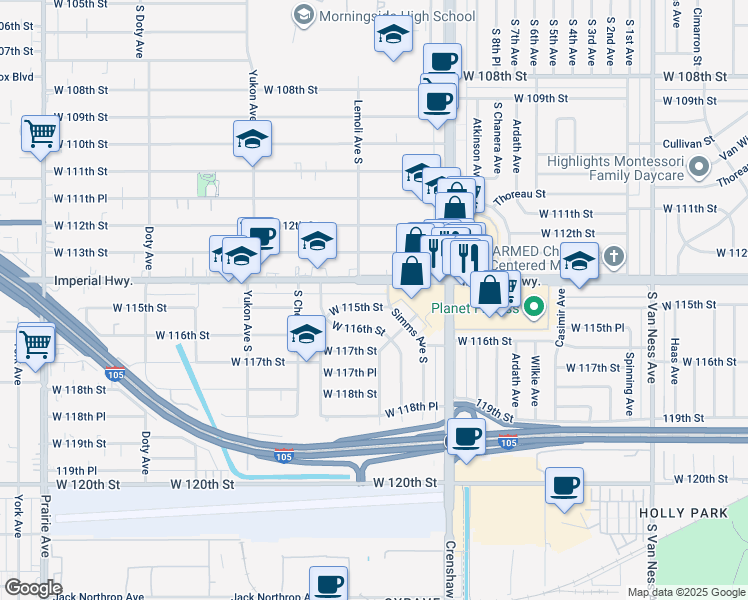 map of restaurants, bars, coffee shops, grocery stores, and more near 3311 West 115th Street in Inglewood