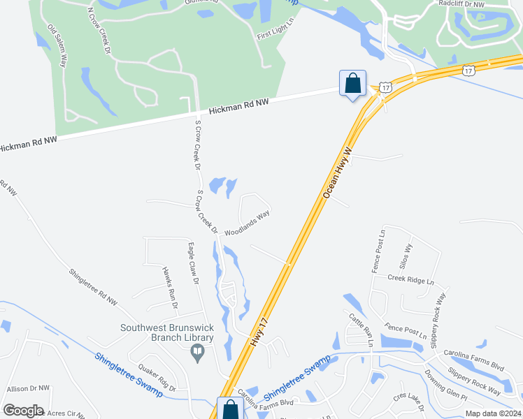 map of restaurants, bars, coffee shops, grocery stores, and more near 235 Woodlands Way in Calabash