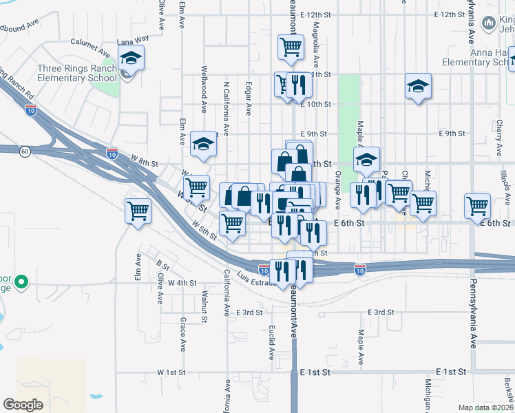 map of restaurants, bars, coffee shops, grocery stores, and more near 654 Edgar Avenue in Beaumont