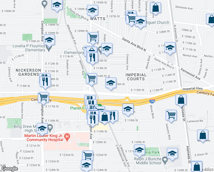 map of restaurants, bars, coffee shops, grocery stores, and more near 11507 Grape Street in Los Angeles