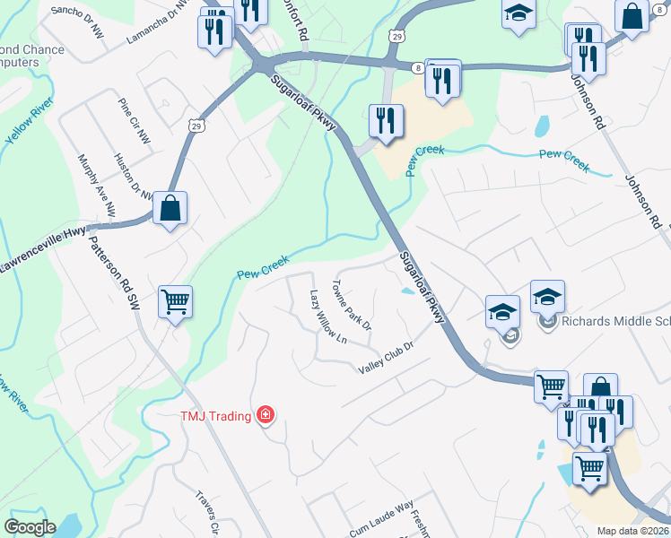 map of restaurants, bars, coffee shops, grocery stores, and more near 146 Towne Park Drive in Lawrenceville
