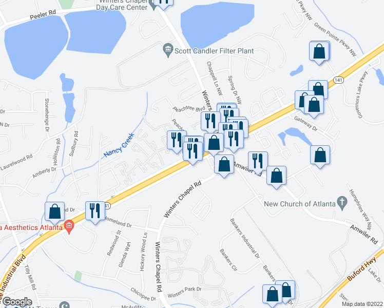 map of restaurants, bars, coffee shops, grocery stores, and more near 607 Peachtree Place Parkway in Atlanta