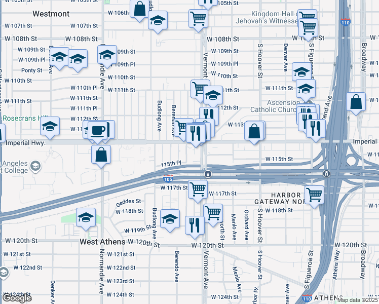 map of restaurants, bars, coffee shops, grocery stores, and more near 11422 South New Hampshire Avenue in Los Angeles