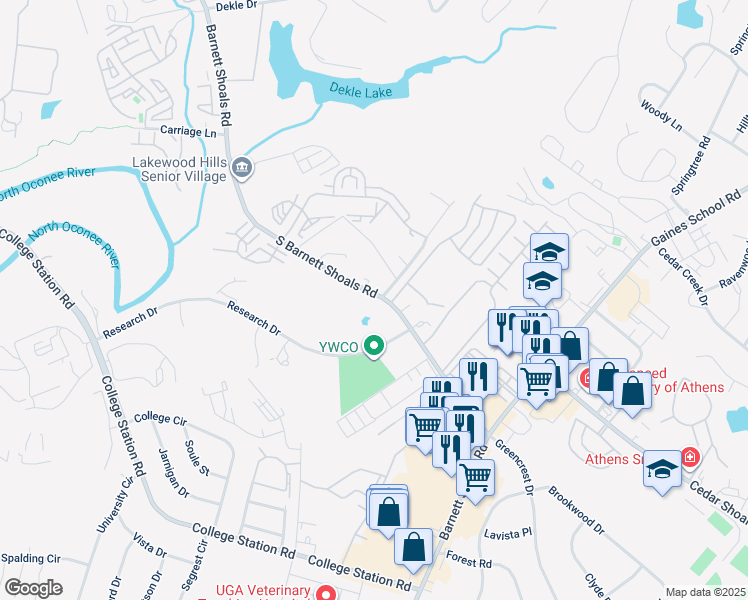 map of restaurants, bars, coffee shops, grocery stores, and more near 1370 Barnett Shoals Road in Athens