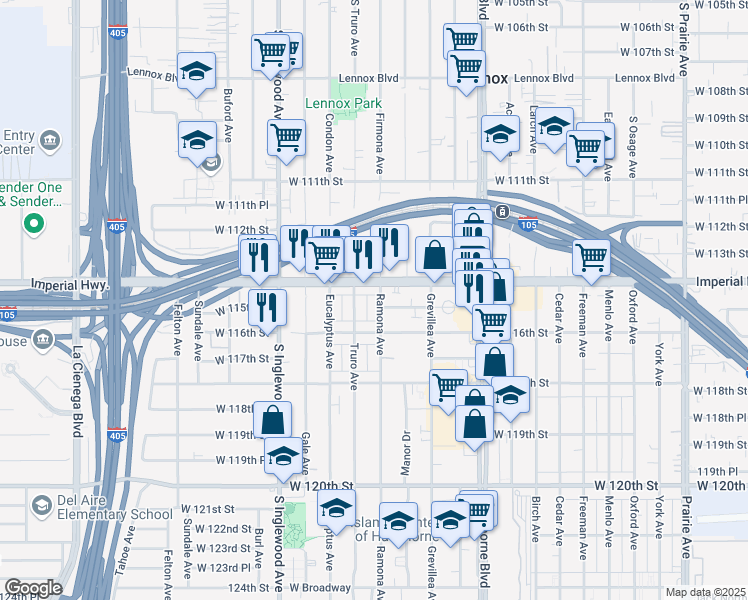 map of restaurants, bars, coffee shops, grocery stores, and more near 11431 Ramona Avenue in Hawthorne