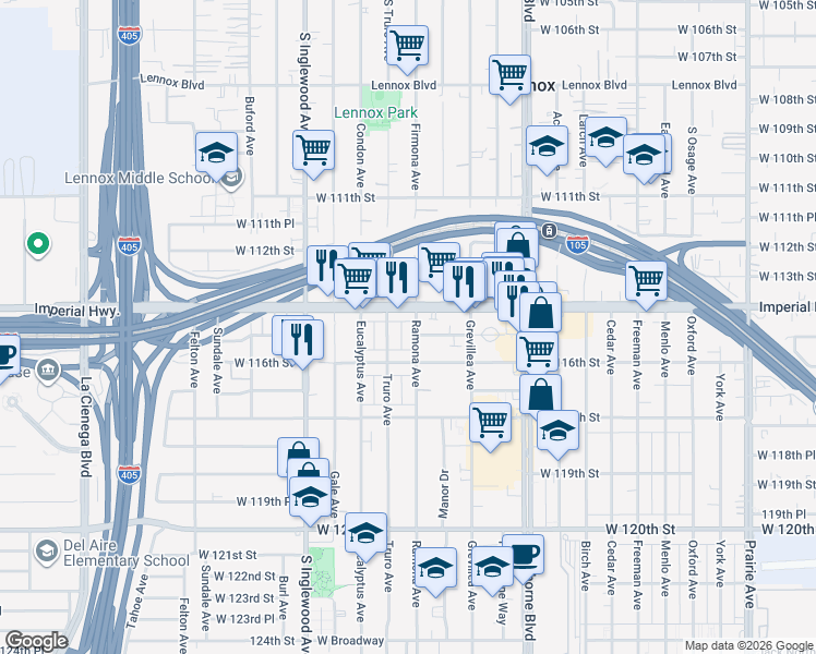map of restaurants, bars, coffee shops, grocery stores, and more near 11431 Ramona Avenue in Hawthorne