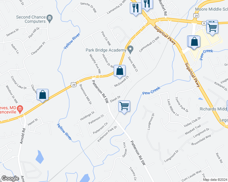 map of restaurants, bars, coffee shops, grocery stores, and more near 110 Mona Court in Lawrenceville