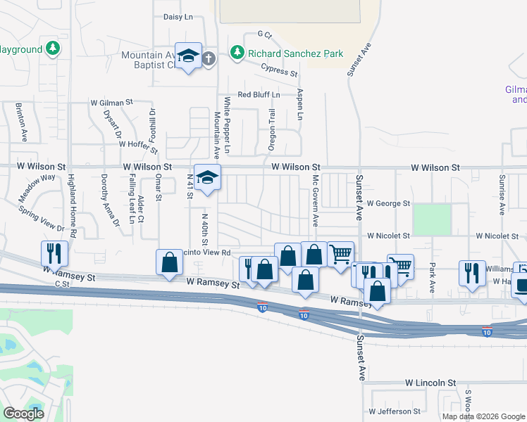 map of restaurants, bars, coffee shops, grocery stores, and more near 3800 West Wilson Street in Banning