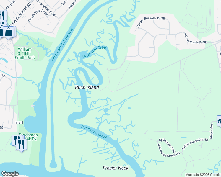 map of restaurants, bars, coffee shops, grocery stores, and more near 1026 Captain Adkins Drive in Southport