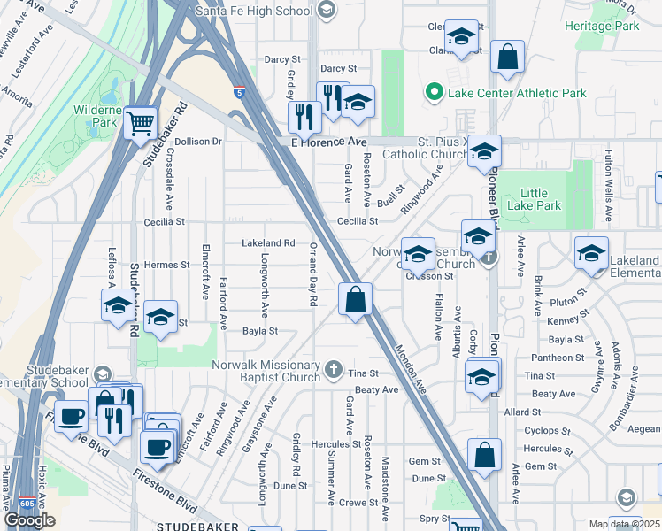 map of restaurants, bars, coffee shops, grocery stores, and more near 11466 Cresson Street in Norwalk