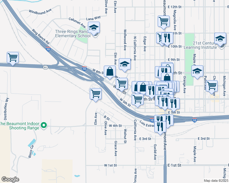 map of restaurants, bars, coffee shops, grocery stores, and more near 521 Wellwood Avenue in Beaumont