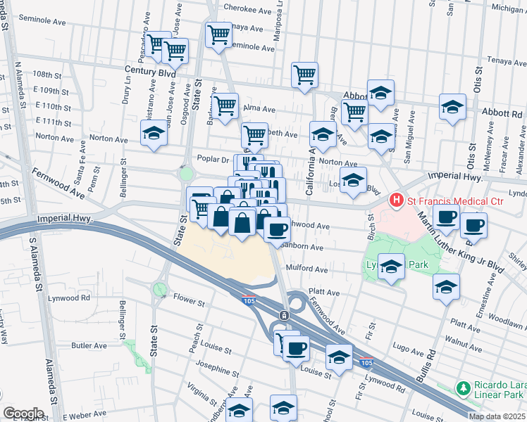 map of restaurants, bars, coffee shops, grocery stores, and more near 11267 Sampson Avenue in Lynwood