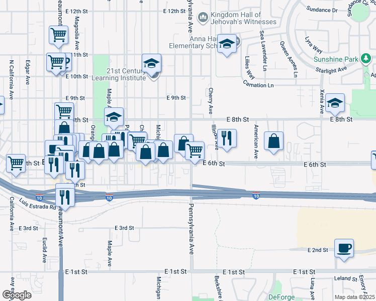 map of restaurants, bars, coffee shops, grocery stores, and more near 651 Pennsylvania Avenue in Beaumont