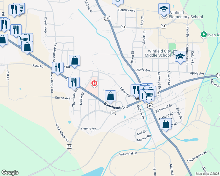 map of restaurants, bars, coffee shops, grocery stores, and more near 335 Tahoe Road in Winfield