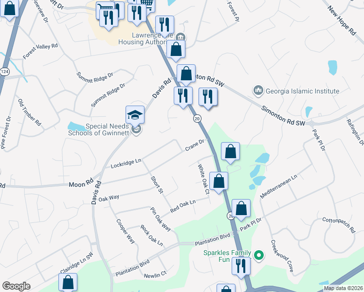 map of restaurants, bars, coffee shops, grocery stores, and more near 379 Crane Drive in Lawrenceville