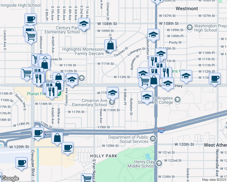 map of restaurants, bars, coffee shops, grocery stores, and more near 2049 West 115th Street in Hawthorne