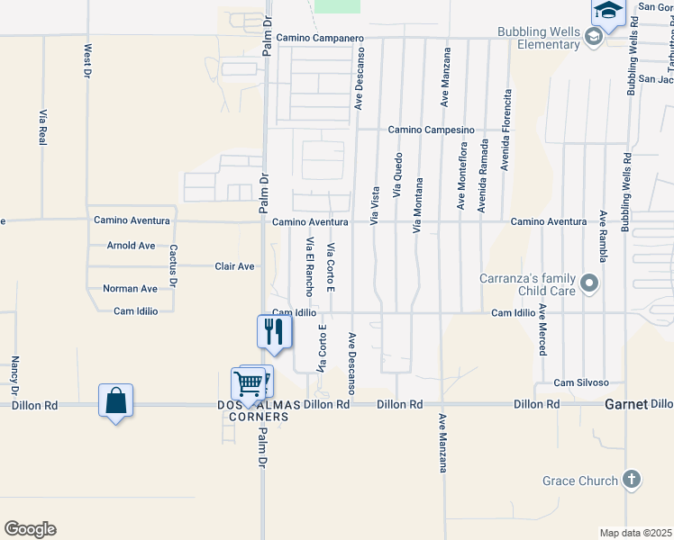 map of restaurants, bars, coffee shops, grocery stores, and more near 16285 Avenue Descanso in Desert Hot Springs