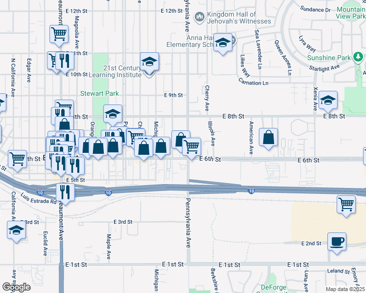 map of restaurants, bars, coffee shops, grocery stores, and more near 1130 East 6th Street in Beaumont