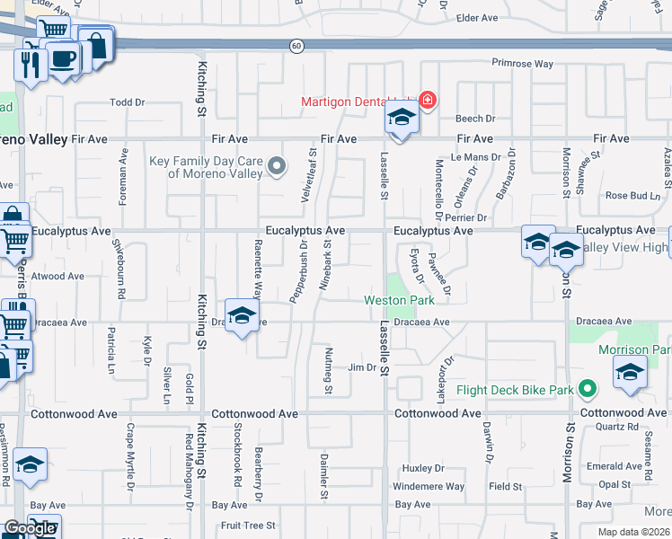 map of restaurants, bars, coffee shops, grocery stores, and more near 13085 Ninebark Street in Moreno Valley