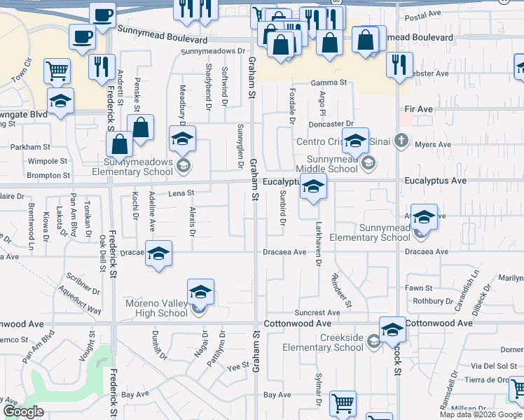 map of restaurants, bars, coffee shops, grocery stores, and more near 13113 Sunlit Court in Moreno Valley