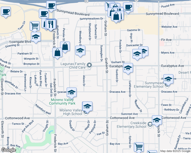 map of restaurants, bars, coffee shops, grocery stores, and more near 23352 Vida Court in Moreno Valley