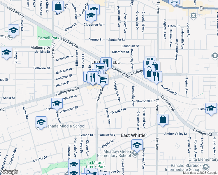 map of restaurants, bars, coffee shops, grocery stores, and more near 11410 Santa Gertrudes Avenue in Whittier
