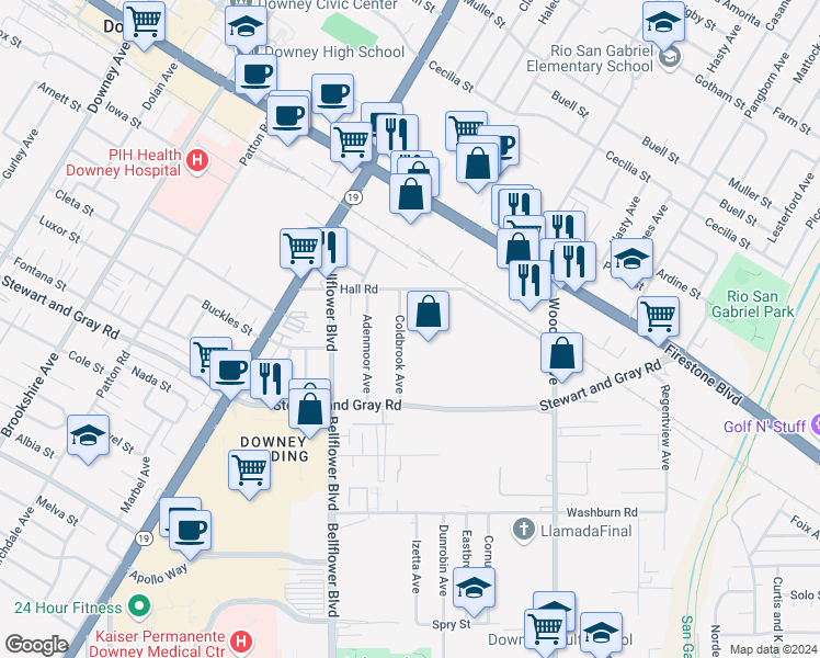 map of restaurants, bars, coffee shops, grocery stores, and more near 9230 1/2 Hall Road in Downey