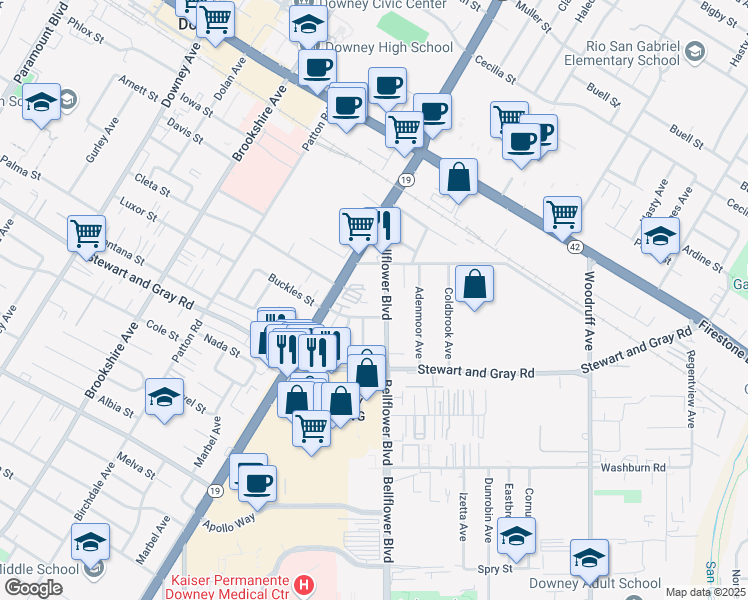 map of restaurants, bars, coffee shops, grocery stores, and more near 9045 Buckles Street in Downey
